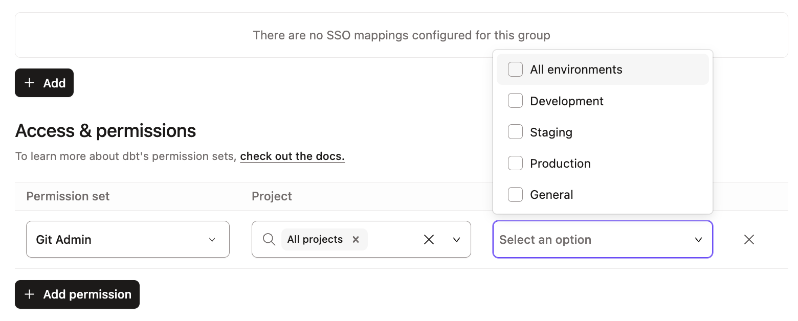 Example environment access control for a group with Git admin assigned. Example environment access control for a group with Git admin assigned.