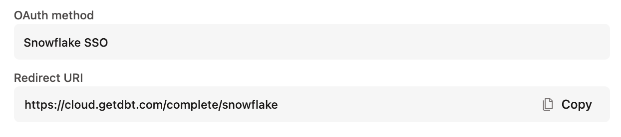 The OAuth method and Redirect URI inputs for a Snowflake connection in dbt.